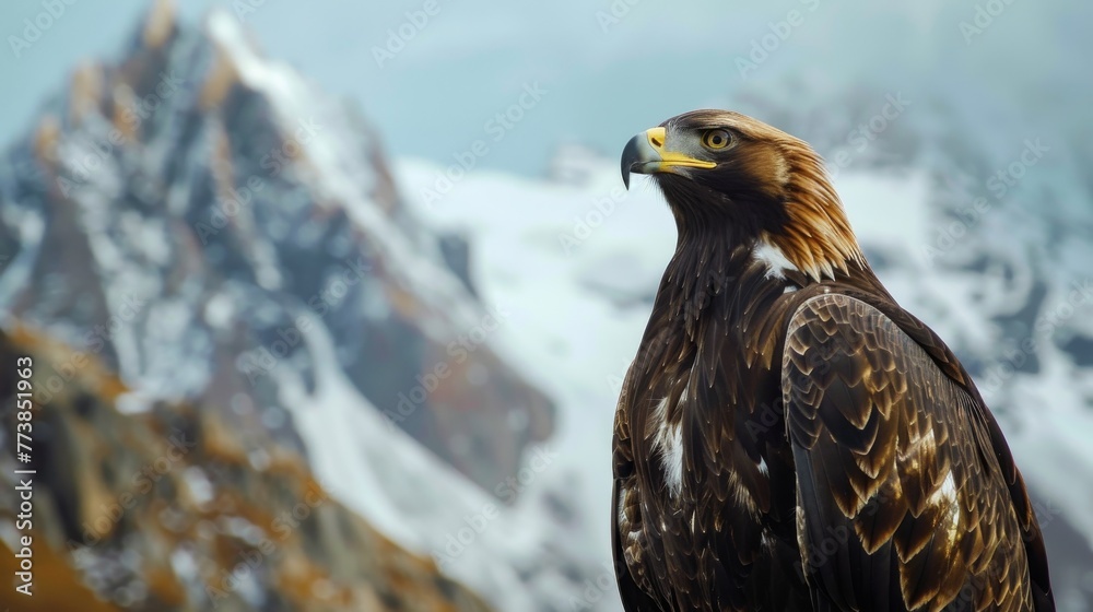 Fototapeta premium Golden Eagle Staring Intently in Snowy Mountains