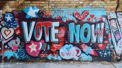 Graffiti wall art Vote now brick wall red white blue star heart US flag on urban suburb election America president patriotic USA polling voting freedom pride American street mural spray paint banner