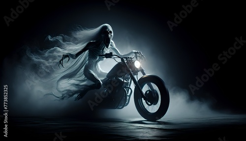 an illustration of a screaming evil banshee at night riding a motorcycle. gang, horror, ghost