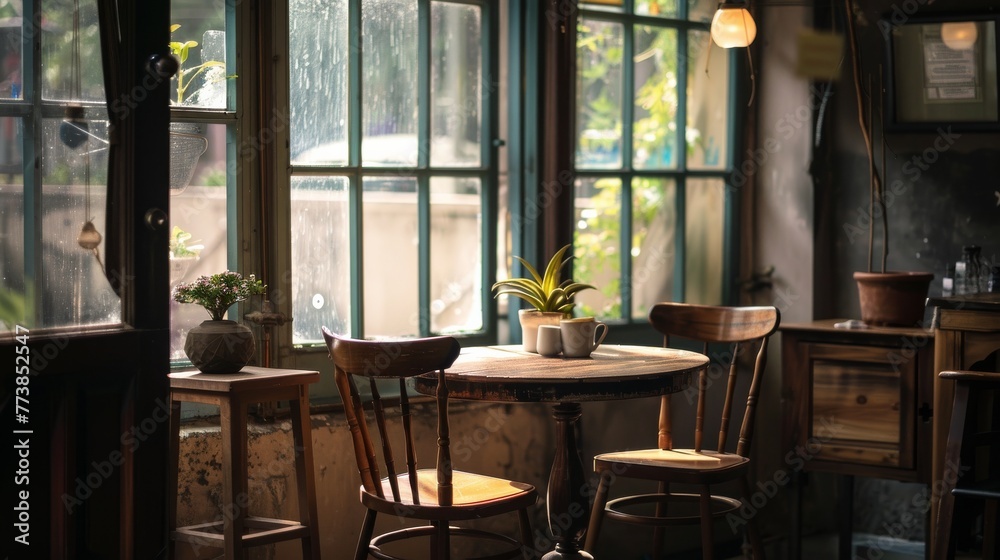 Vintage Café Interior with Rustic Wooden Furniture