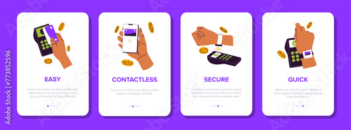 Design of onboarding cards in banking app set. UI templates of welcome walkthrough screens. GUI of slides about contactless payment in phone money application. Flat isolated vector illustrations