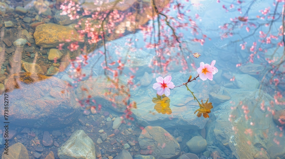 Cherry Blossoms and Pebbles in Clear Water