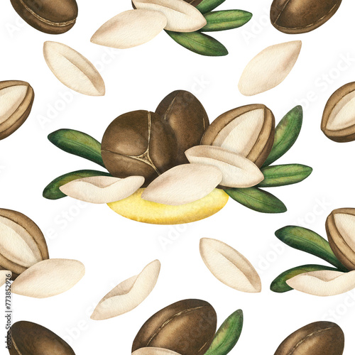Seamless pattern of Argan tree seeds. Brown Argan nut with leaves. Watercolor illustration on a white background. Skin and hair care, vitamins in food and cosmetology. Template for packaging, textiles