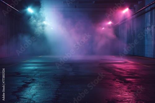 studio room with smoke blue-tinged foggy underpass at night with intense light beams cutting through the mist, highlighting the urban textures © ttonaorh