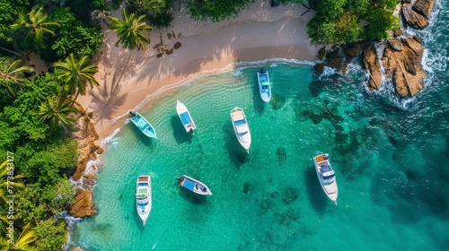 Group of Boats Floating on Blue Ocean