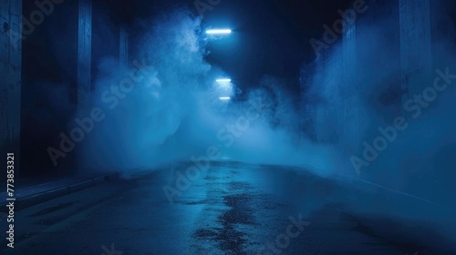 studio room with smoke blue-tinged foggy underpass at night with intense light beams cutting through the mist, highlighting the urban textures