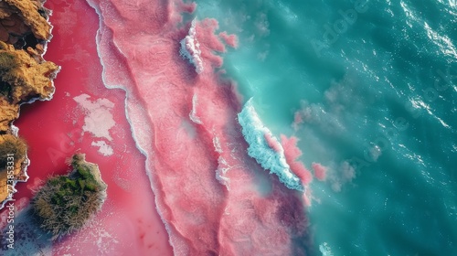 Aerial View of Pink Lake With Road