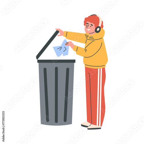 Young man throwing garbage in trash bin, cartoon eco friendly teenager in headphones, good behavior vector isolated