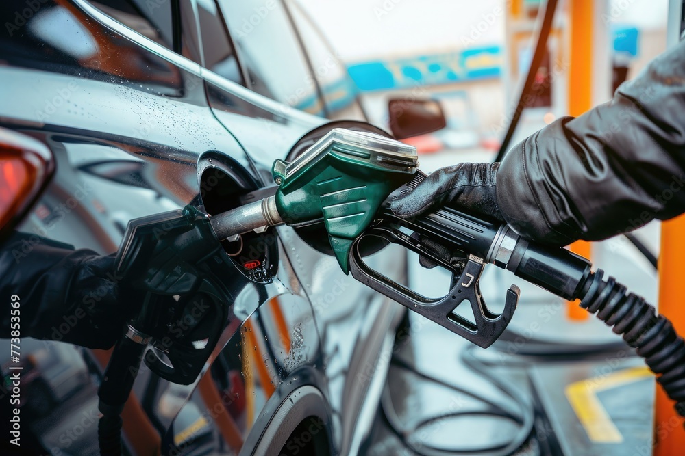 man gas station holding a fuel pump nozzle, with various activities related to a gas station environment man gas station holding a fuel pump nozzle, with various activities related to a gas station environment