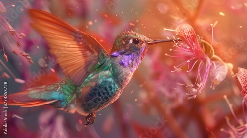 Hummingbird Pollinating Vibrant Flowers