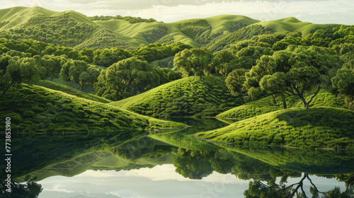 A serene landscape of rolling green hills, dotted with trees and small lakes reflecting the vibrant greens around them © Kien