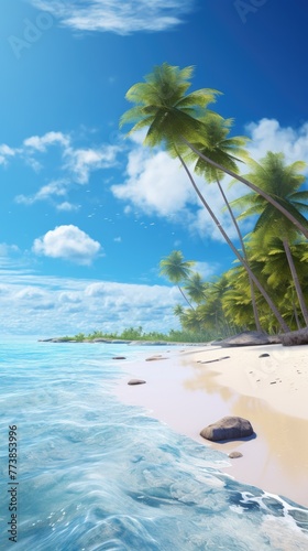 A beautiful beach scene with palm trees and a clear blue sky