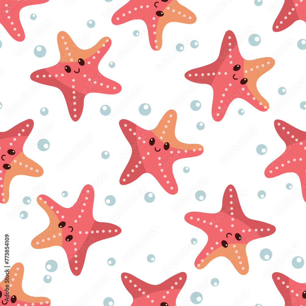 Cute hand-drawn colored marine Starfish, seamless pattern in flat style, ocean aquatic underwater kawaii vector. Vector cartoon illustration on white background.