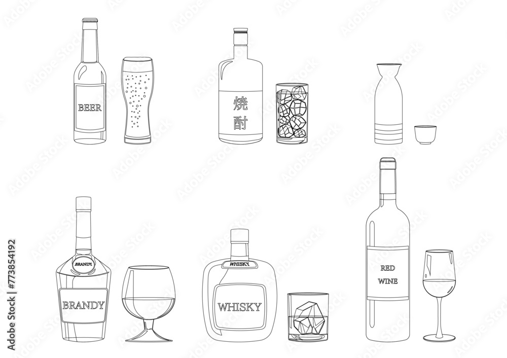 いろんな種類のお酒の線画イラストセット いろんな種類のお酒の線画イラストセット