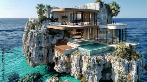 A luxurious modern villa perched atop a cliff with an infinity pool overlooking the ocean. Architecture and vacation concept. Generative AI