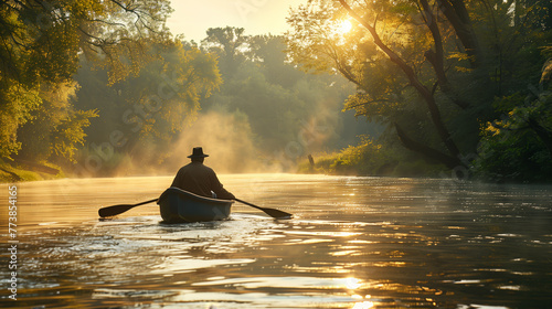 Man rowing a wooden boat on a river, with sunlight streaming through trees, serene nature surrounding. Generative AI