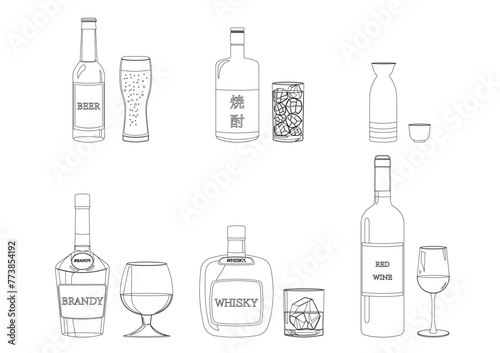 いろんな種類のお酒の線画イラストセット