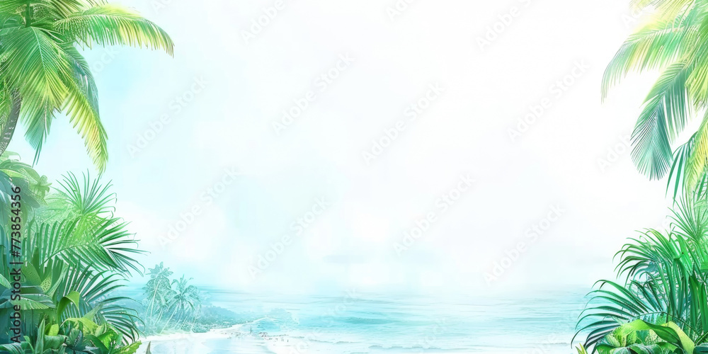 A beautiful blue ocean with palm trees in the background. The ocean is calm and peaceful, and the palm trees add a tropical touch to the scene