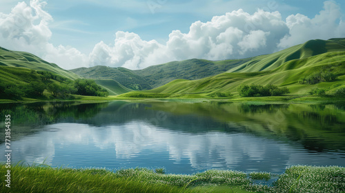 A serene landscape of rolling green hills, dotted with trees and small lakes reflecting the vibrant greens around them