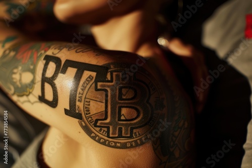 ultra close-up shot of a beautiful human body with tatto on it saying "BTC" and Bitcoin sign tattoed on