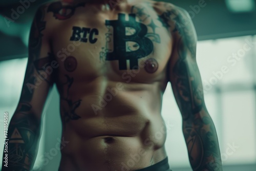 ultra close-up shot of a beautiful human body with tatto on it saying "BTC" and Bitcoin sign tattoed on