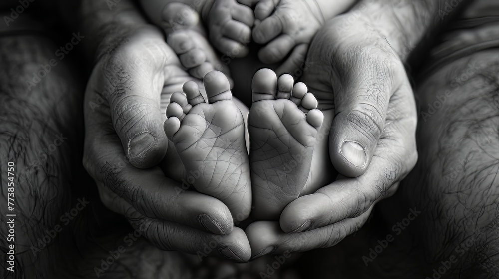 The tiny, delicate feet of a newborn cradled gently in the loving hands of parents evoke a sense of awe and tenderness, capturing the essence of fatherhood and motherhood in a single frame