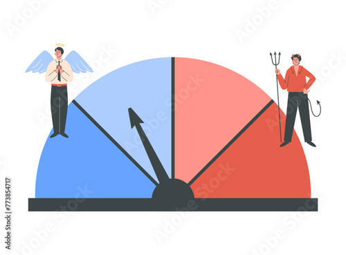 Illustration of indicator scale and balancing angel man and demon man.