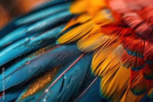 ultra close-up view of a beautiful hyperdetailed texture bird multicolored feather