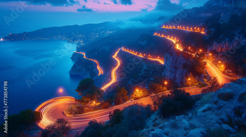 A winding serpentine road with light trails at night, nestled in mountains with a coast and illuminated city in the background. Travel and transportation concept. Generative AI