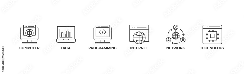 Information technology banner web icon vector illustration concept with icon of computer, data, programming, database, internet, network, and technology
Information technology banner web icon vector illustration concept with icon of computer, data, programming, database, internet, network, and technology