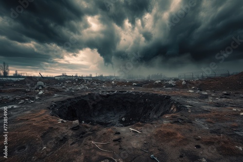 Moody weather post-apocalyptic wide angle view of a huge crater of bombs in the ground