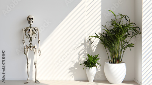 Solitude and Mystery of a lonely Skeleton in an Empty Room with a Green Pot of Plant and sunlight enters in the room from a window