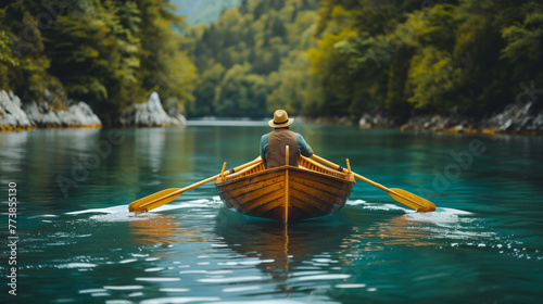 Man rowing a wooden boat on a river, surrounded by forest. Photography style, natural light, travel and relaxation concept. Generative AI