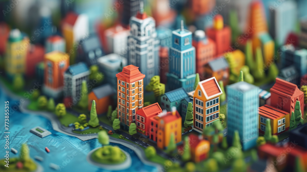 Tilt-shift miniature-style photo of a colorful model cityscape with various buildings and trees. Urban planning and architecture concept. Generative AI - obrazy, fototapety, plakaty 