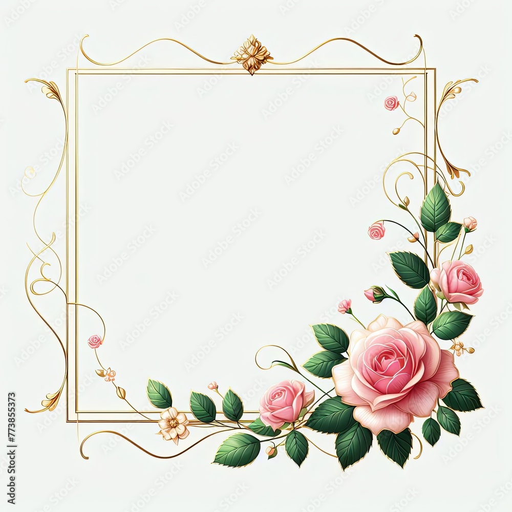 Floral card with copy space and flowers with leaves – Template background with frame and pink rose ornaments