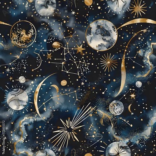 Christmas Starry Sky Seamless Background with Snowflakes, Moon, and Trees in Blue