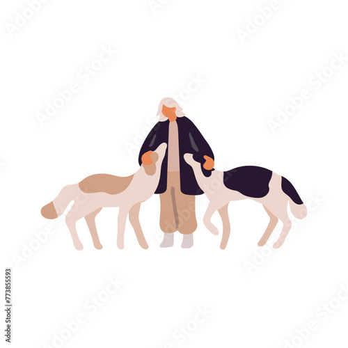 Owner strolls purebred Afghan hounds or Russian Hunting Sighthounds. Woman walks her fluffy puppies. Abstract person pets her borzois, cares about dogs. Flat isolated vector illustration on white