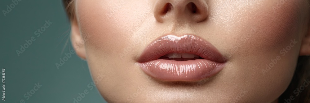 Fototapeta premium Close-up woman lower face, showcasing clear complexion against a blue background. Image captures detail of skin texture, lips, used for skin care promotion.