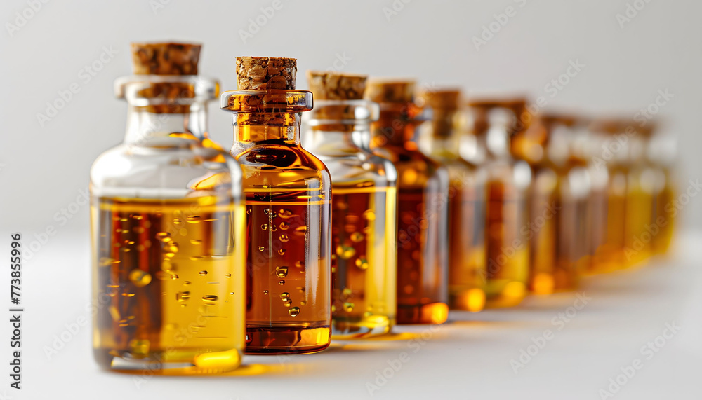 Row of Glass Bottles with Oil Drops on White Background Row of Glass Bottles with Oil Drops on White Background