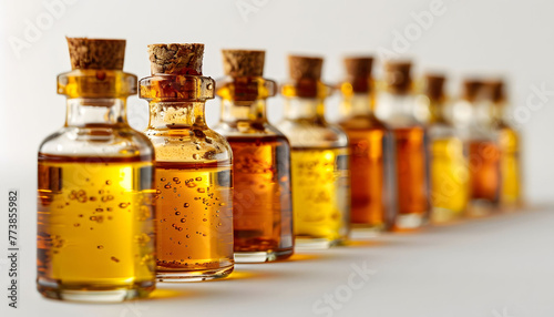 Row of Glass Bottles with Oil Drops on White Background