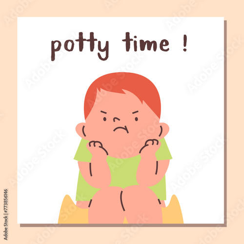 Potty time vector poster  cartoon cute capricious baby boy sitting on potty  angry toddler learning to use potty hygiene