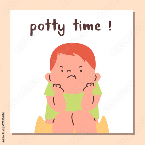 Potty time vector poster, cartoon cute capricious baby boy sitting on potty, angry toddler learning to use potty hygiene