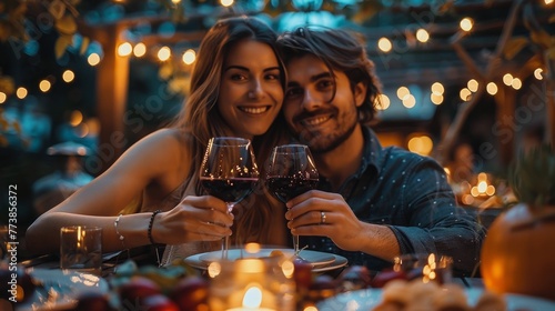 Couple Toasting Wine Glasses at Dinner Table