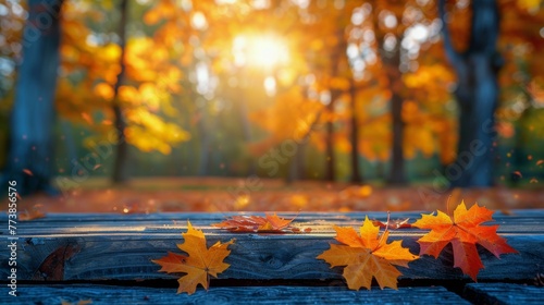 Wooden Table Covered With Leaves