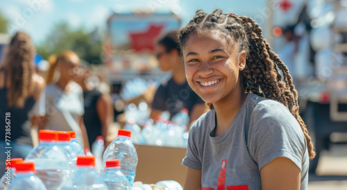  a happy young woman smiling and helping to fill up water bottles at an award-winning American Red Cross community event photo
