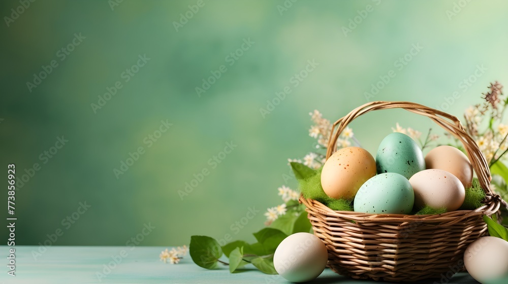 A basket of colorful eggs with copyspace on a green background. Easter egg concept, Spring holiday A basket of colorful eggs with copyspace on a green background. Easter egg concept, Spring holiday