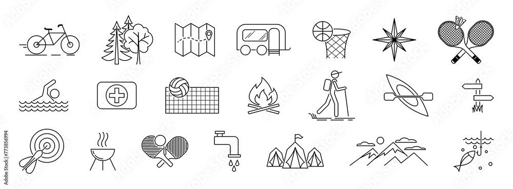 Camping icons set. Tourism, sports, active recreation. Vector