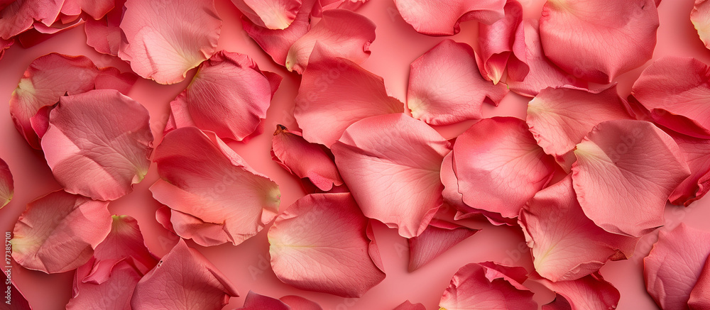 This image showcases a collection of delicate rose petals spread over a soft pink background, conveying a sense of romance and luxury This image showcases a collection of delicate rose petals spread over a soft pink background, conveying a sense of romance and luxury