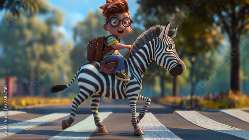 Animated boy with backpack riding zebra on crosswalk. Safety when crossing the road. Educational concept. © Sunshine Design