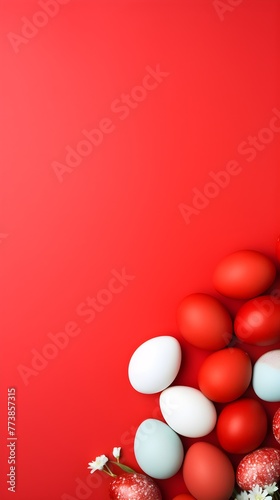 Colorful eggs with copyspace on red background. Easter egg concept, Spring holiday